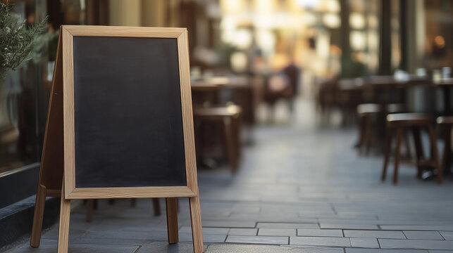 Blank restaurant sign or menu board near the restaurant entrance. Cafe menu on the street. Mockup of signboard in front of restaurant.