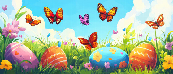 Obraz premium Colorful butterflies dance over vibrant Easter eggs in a spring setting