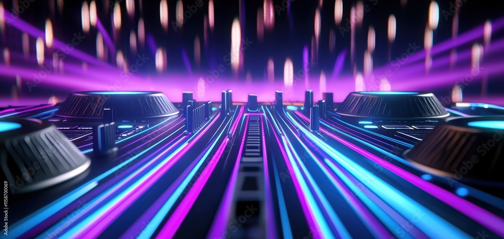 Poster a vibrant, abstract scene featuring glowing lines and circular elements, creating a dynamic, futuris