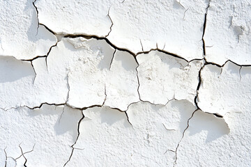 Obraz premium Detailed close-up of a cracked white wall, showcasing texture and distress in surface material, perfect for artistic or architectural projects.
