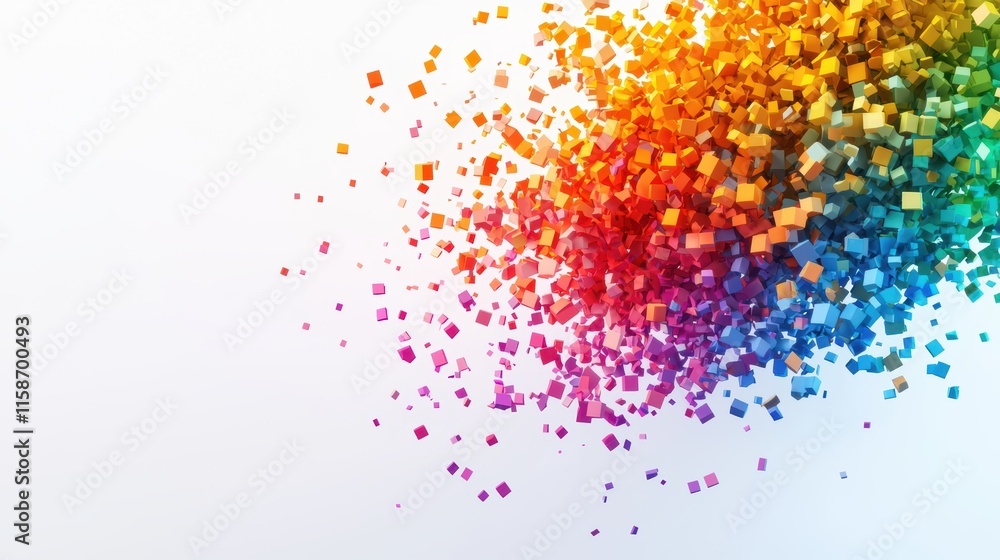 Poster a vibrant explosion of colorful 3d cubes disperses against a clean white background, creating a dyna