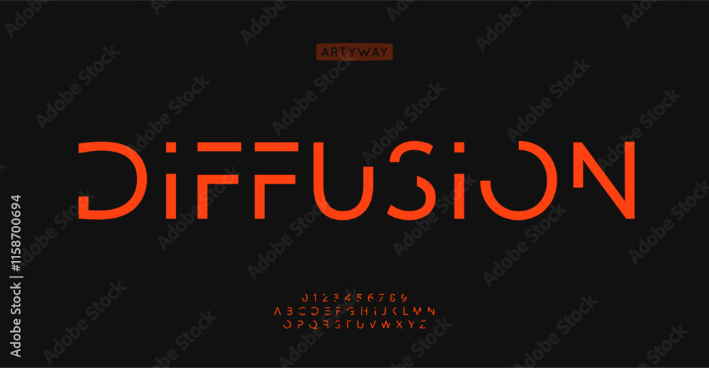 Poster cutouts futuristic alphabet, fragmented minimalist letters, stylized innovative font for tech modern