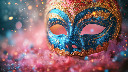 Ornate Blue and Gold Mask with Pink Festive Background