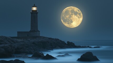 Towering lighthouse under full moon glow image. Dramatic moonlight beacon stands on rocky terrain photography scene wallpaper. Misty waves shore seascape concept photorealistic photo