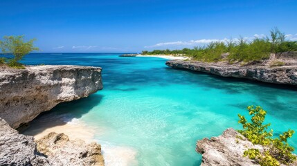 Fototapeta premium Idyllic tropical beach scene with turquoise water, white sand, and rocky cliffs under a clear blue sky.