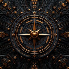Fototapeta premium Ornate Compass Design with Intricate Black and Gold Patterns