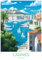 Cannes Monaco Travel Poster Flat Illustration Print Decor Gift Canvas Wall Art Gift