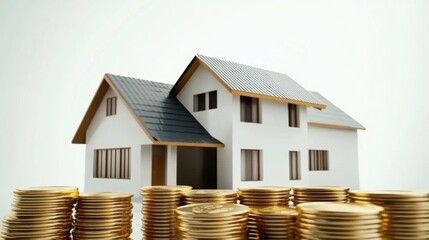 House and coin stack on white background illustrate rent cost management and home savings goals. Energy-efficient living, daily cost awareness, and AI-generated imagery for investment property dreams