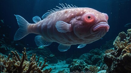 Obraz premium Curious blobfish explores the vibrant ocean corals while gently floating through its underwater habitat during a sunny afternoon