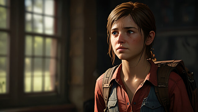 Ellie from the last of us wearing a stunning red and grey