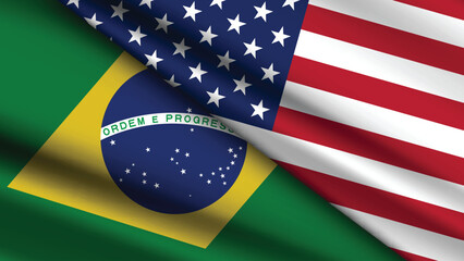 High Quality background with Two Flags of USA and Brazil  