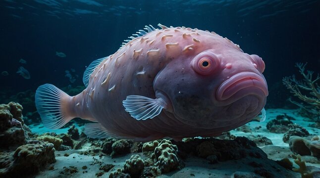 Unique blobfish nestled amidst vibrant corals in a mesmerizing underwater scene at twilight, showcasing its unusual features while exploring the ocean depths