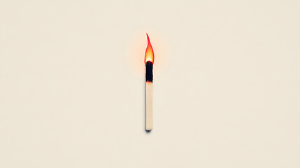 Burning match with red flame on white background