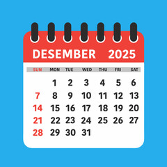 December 2025 Calendar Leaf. This flat-style calendar features a modern design showcasing the month of December 2025.