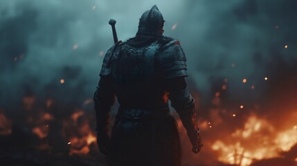 Fototapeta premium Epic Knight in Armor: A Heroic Warrior Standing Tall Amidst Fire and Smoke, Ready for Battle in a Dramatic, Fiery Landscape Filled with Intense Conflict and Mystical Atmosphere
