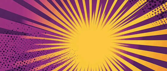 Creative pop art empty banner background with vibrant halftone effects and rays design