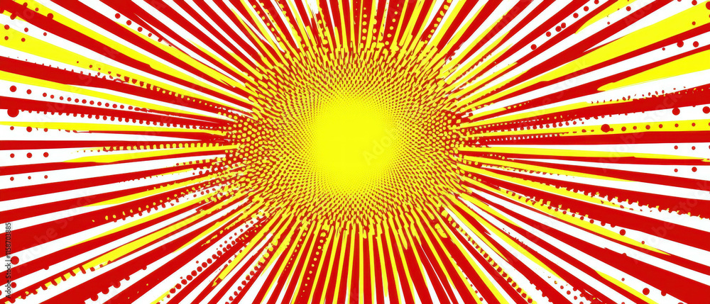 Poster vibrant pop art banner with halftone patterns and dynamic rays in bright colors