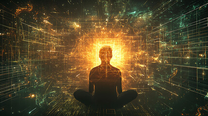 A person is sitting in a room with a glowing light in the center