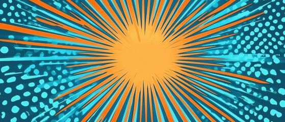 Fototapeta premium Vibrant pop art banner with blue and orange halftone rays for creative projects