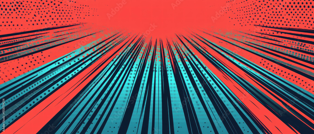 Poster vibrant pop art vector banner with halftone effects and dynamic rays in red and blue