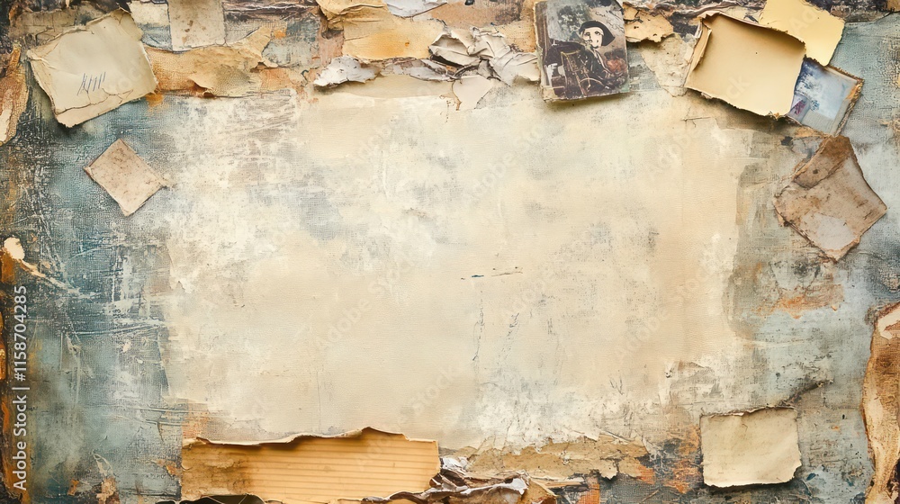 Poster grunge textured background with old papers and photos.