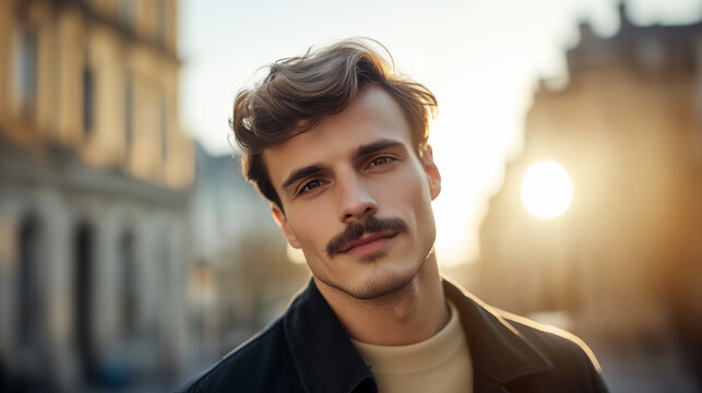 Young man with stylish mustache in urban sunset glow