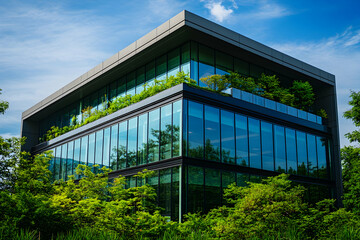 Fototapeta premium Contemporary Office Building Surrounded by Lush Greenery and Reflected in Large Glass Windows. Generative AI