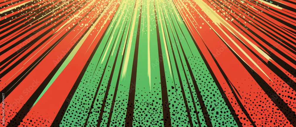 Poster retro vector pop art banner with striking green and red halftone rays effect