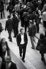 Obraz premium A black and white photograph of an wealthy man walking through crowd, blurred motion