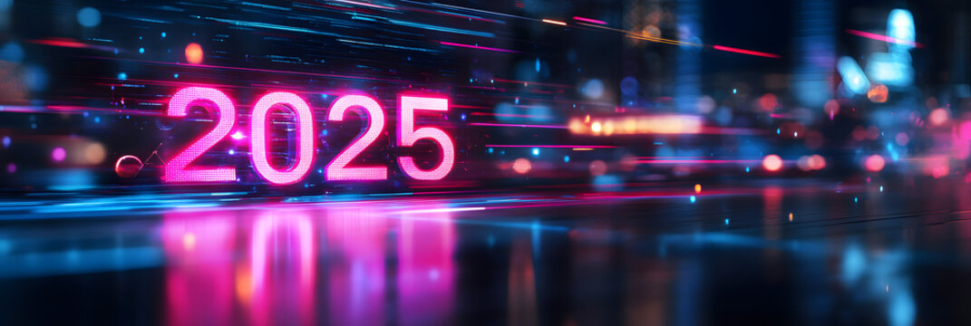 Glowing neon 2025 text with futuristic cityscape, vibrant light trails, cyberpunk aesthetics, digital technology innovation, modern urban vibe, perfect for future trends design - Powered by Adobe