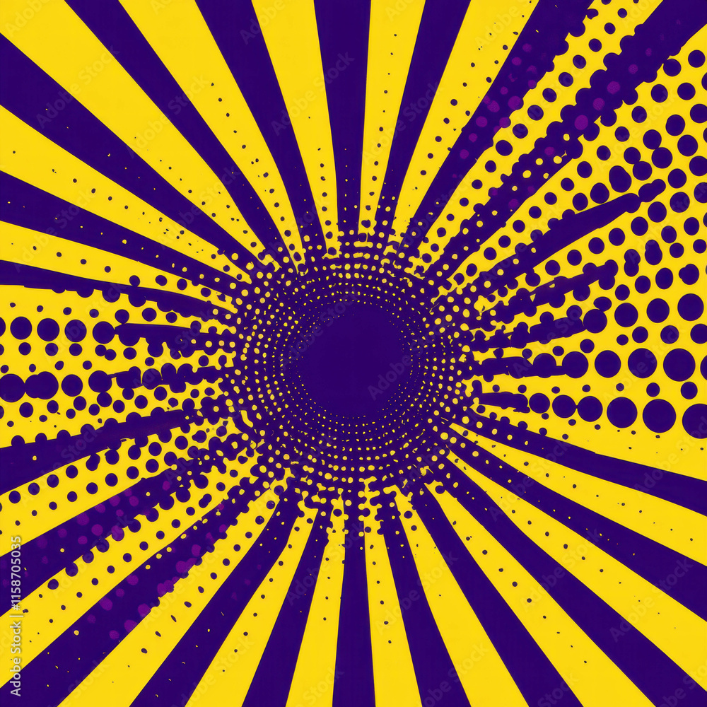 Poster vector pop art banner design featuring dynamic yellow and purple concentric halftone patterns