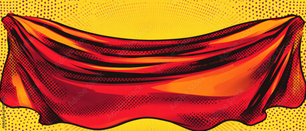 Poster bright red and yellow halftone vector pop art empty banner illustration with rays effects