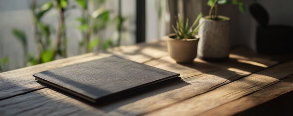 Closed black notebook mockup resting on wooden table with plants