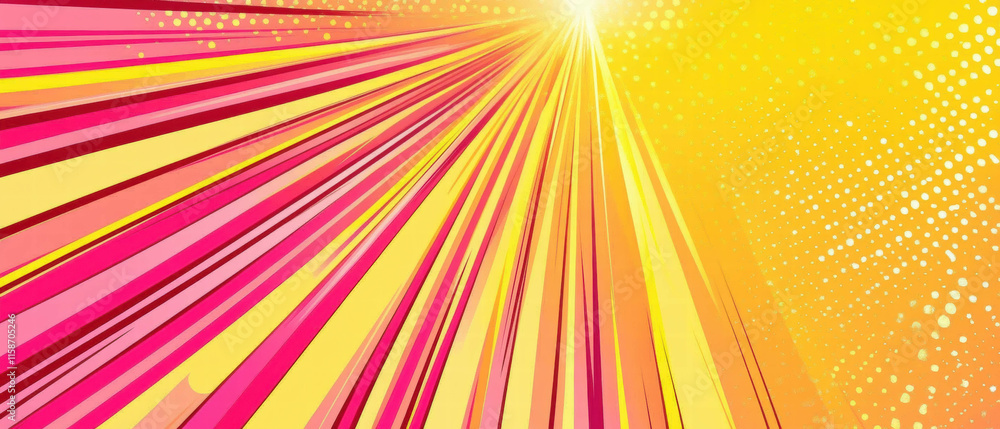 Poster vector pop art banner design with pink and yellow rays and halftone patterns