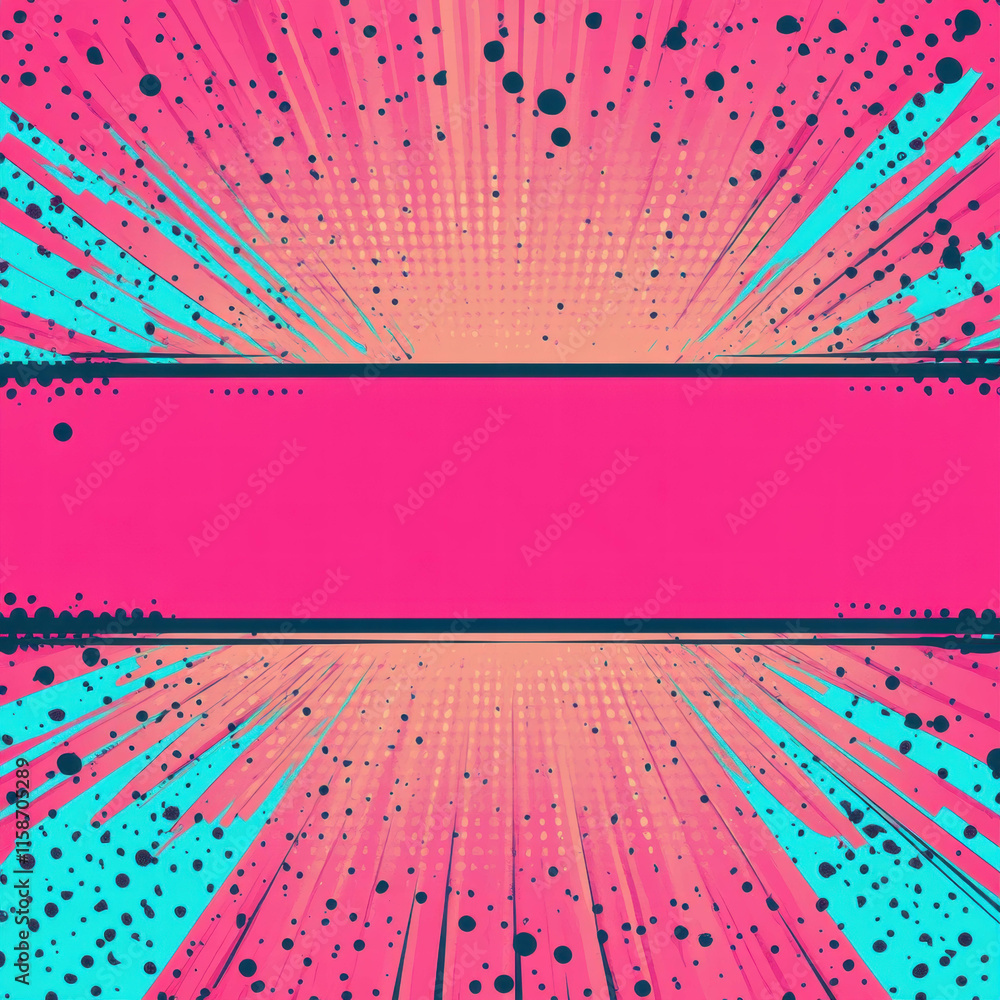 Poster vibrant pop art empty banner design featuring halftone rays and bands in cyan and magenta