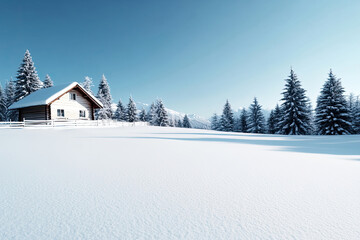 Wooden mountain cabin covered in snow during winter