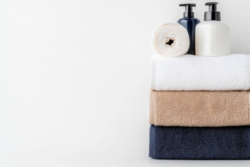 Stacked towels and soap dispensers creating relaxing spa ambiance