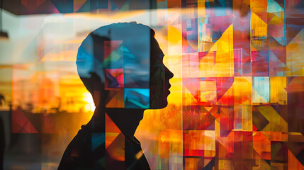 A man's silhouette is reflected in a colorful mosaic