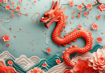 Obraz premium Happy Chinese New Year 2024 poster with traditional dragon silhouette, 3D flowers, and Asian clouds on a blue background.