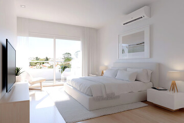 Modern minimalist white bedroom with balcony access and city view