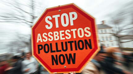 Ai generated image of stop asbestos pollution now a stark red octagonal sign demands action amidst a blurred crowd