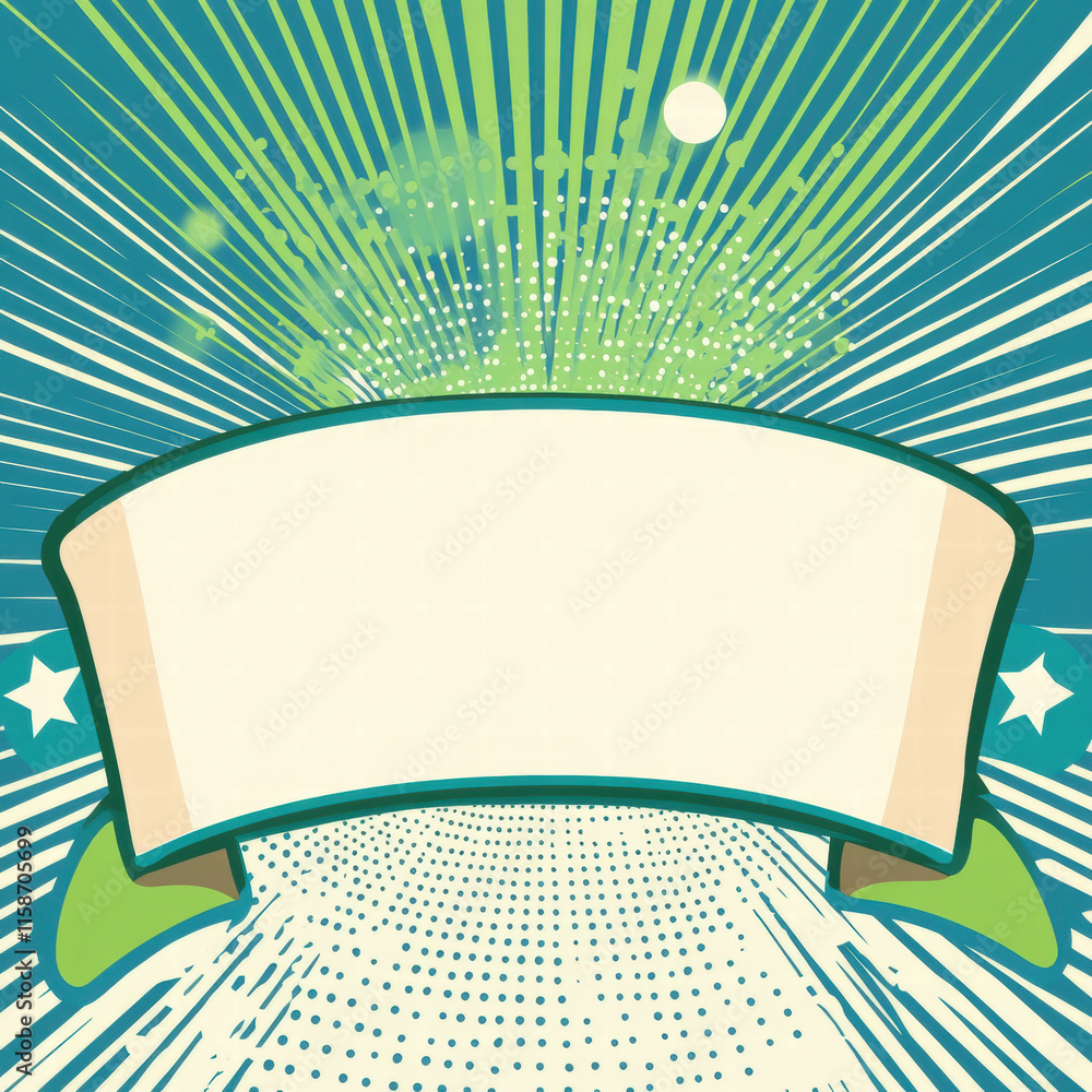 Poster dynamic vector pop art empty banner design on vibrant blue background with halftone effects