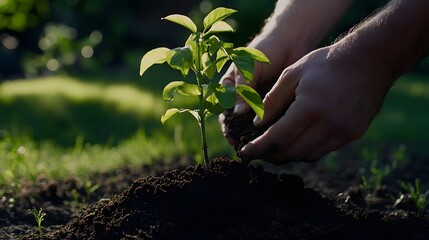 Fototapeta premium Hands Gently Planting A Young Sapling In Rich Soil