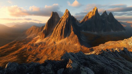 Naklejka premium Golden Hour Light Illuminates Rugged Mountain Peaks