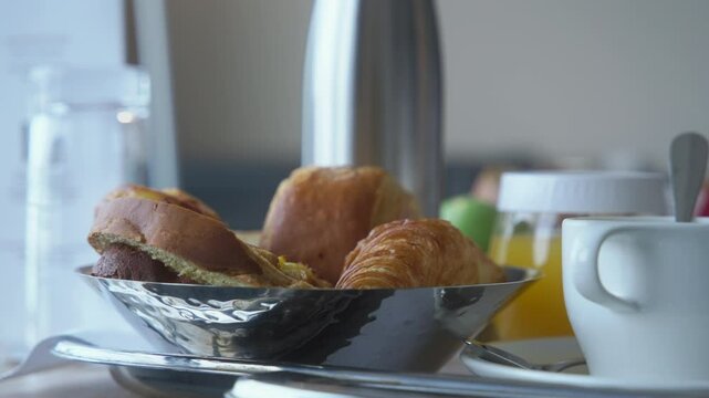 4K Hotel room breakfast slowmotion b-roll