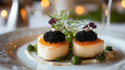 Exquisite Seafood Platter with Caviar, Scallops, and Fresh Herbs: A Sophisticated Gourmet Appetizer for a Luxury Dining Experience