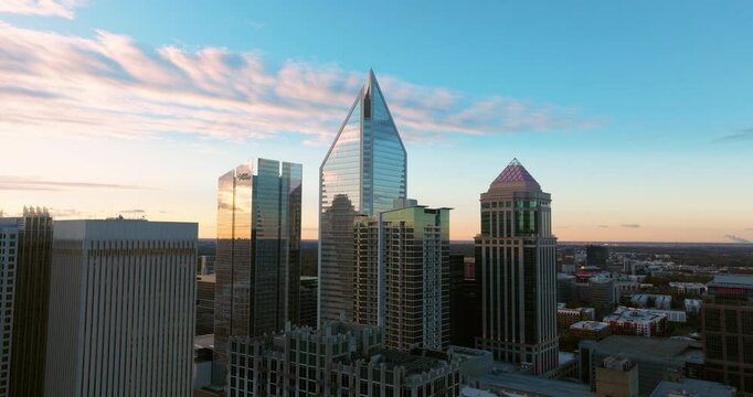 Bank of America Tower And Duke Energy Office Tower At Sunrise In North Carolina, USA. - aerial shot