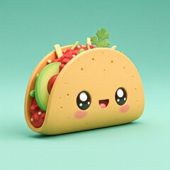 A 3D chibi taco shell filled with salsa, avocado, and a little cilantro, with an adorable, smiling face.
