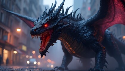 A fearsome black dragon emerges from the mist in a city street, its fiery eyes glowing menacingly. A dark fantasy scene.
