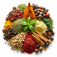 A collection of various spices is arranged in a heap, displaying a rich mix of colors and textures